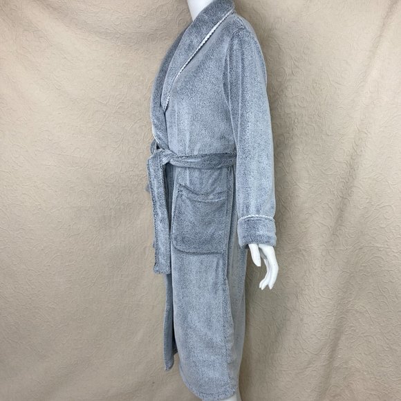 Oscar de la Renta Pink Label Plush Gray Shawl Collar Robe Satin Trim Belt - Picture 4 of 14